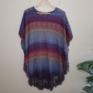 Nostalgia | Colorful Ombre Crochet Poncho Boho Fringe Hem Size Large